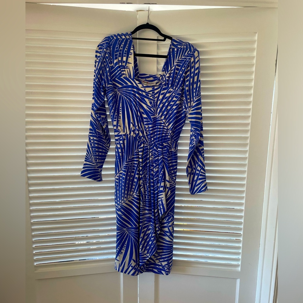 Vintage silk blue and white YSL mid length dress